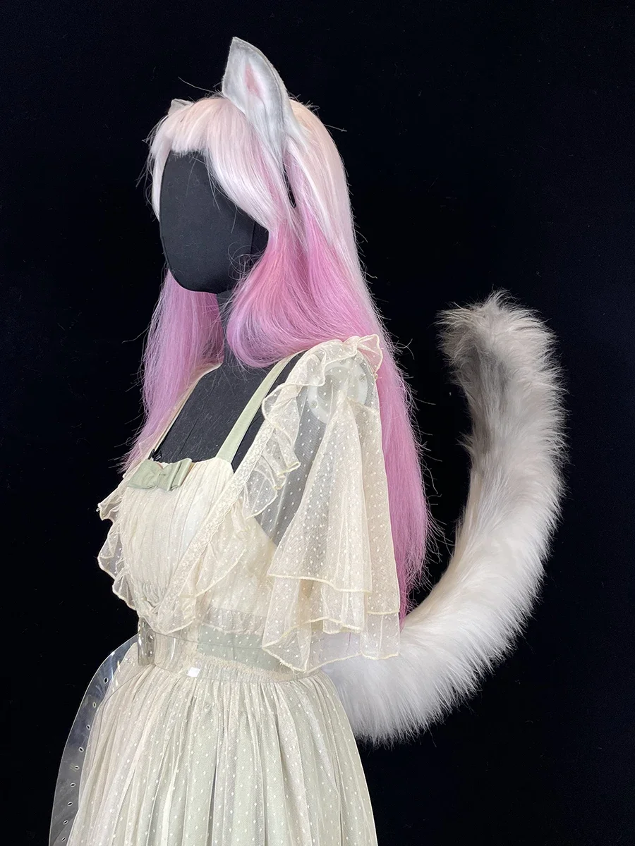 Puppet Cat Tail Ears Grey White Gradient Fluffy Soft Halloween Christmas Fancy Party Costumes Accessories