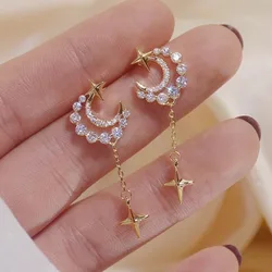 Fashion Sweet Cubic Zirconia Moon Star Tassel Earrings for Women Temperament Girl Party Elegant Earrings Jewelry Accessories