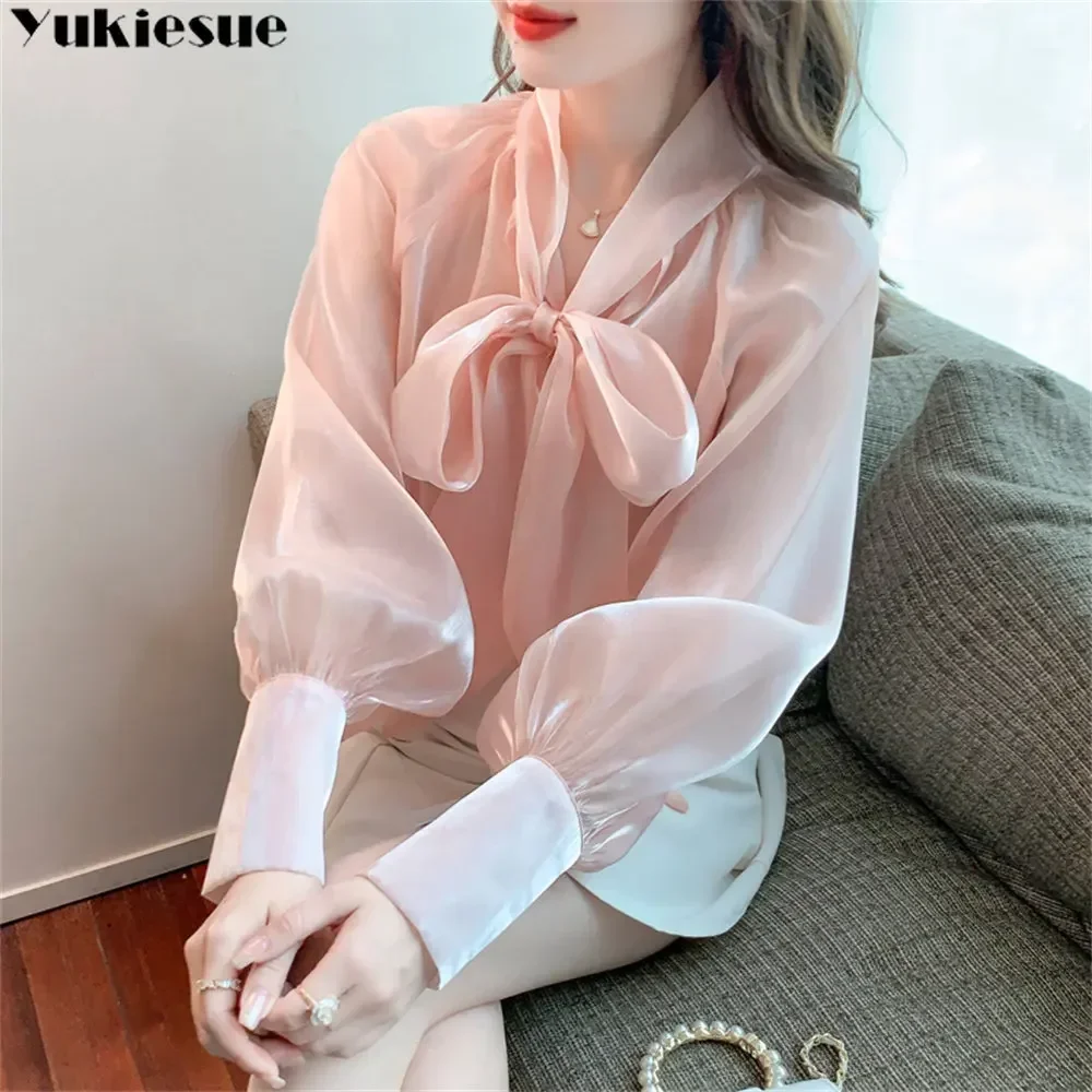 Frühling Sommer Mode Pullover Spitze Up BowLadies Top Französisch Lange Laterne Hülse Elegante Hemd Bluse Frauen Solide Shirt Frauen