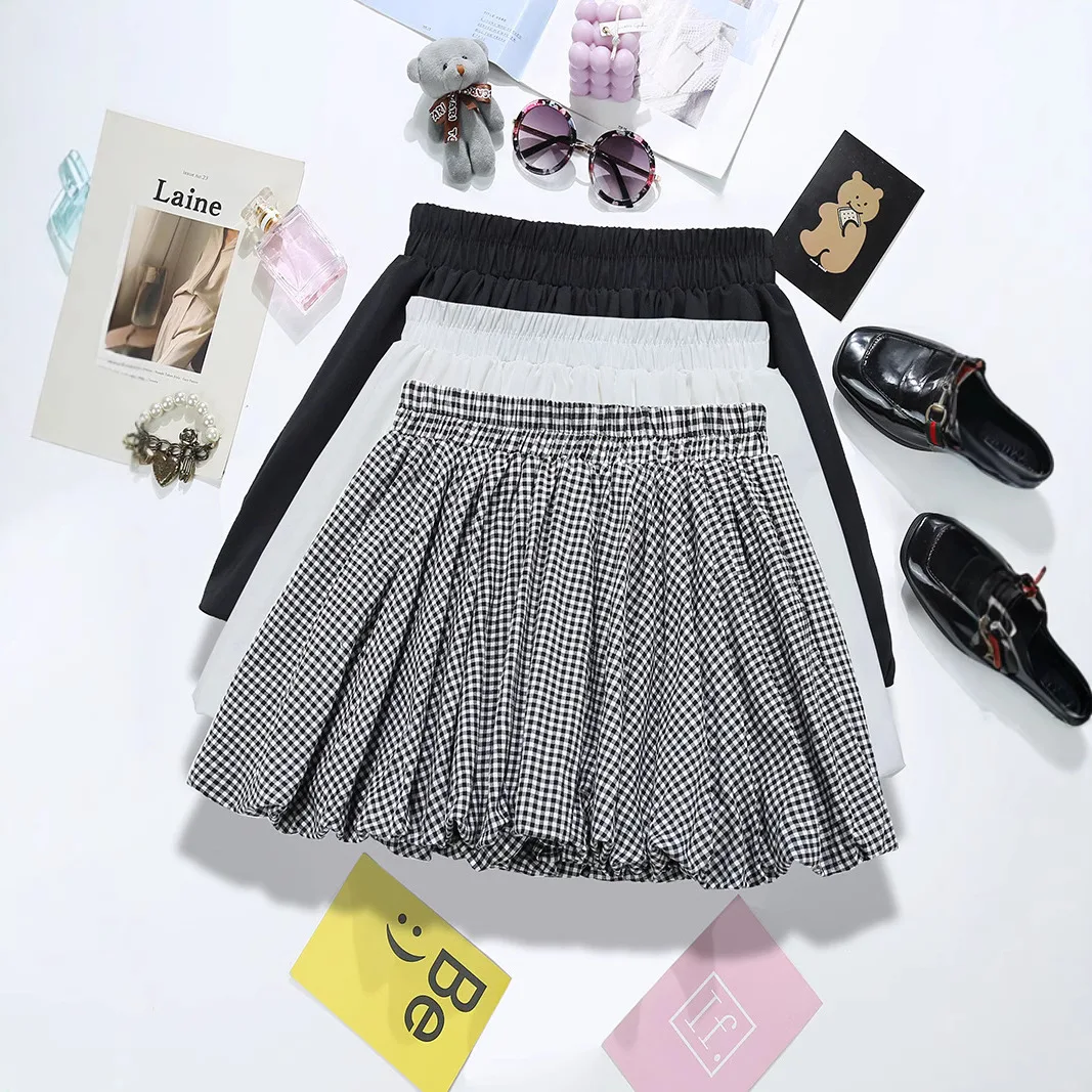 Summer and Autumn Color Blocking Grid Elastic Waist Cloud Anti Light Wrinkling Fluffy Lantern Flower Bud Pants Skirt Women