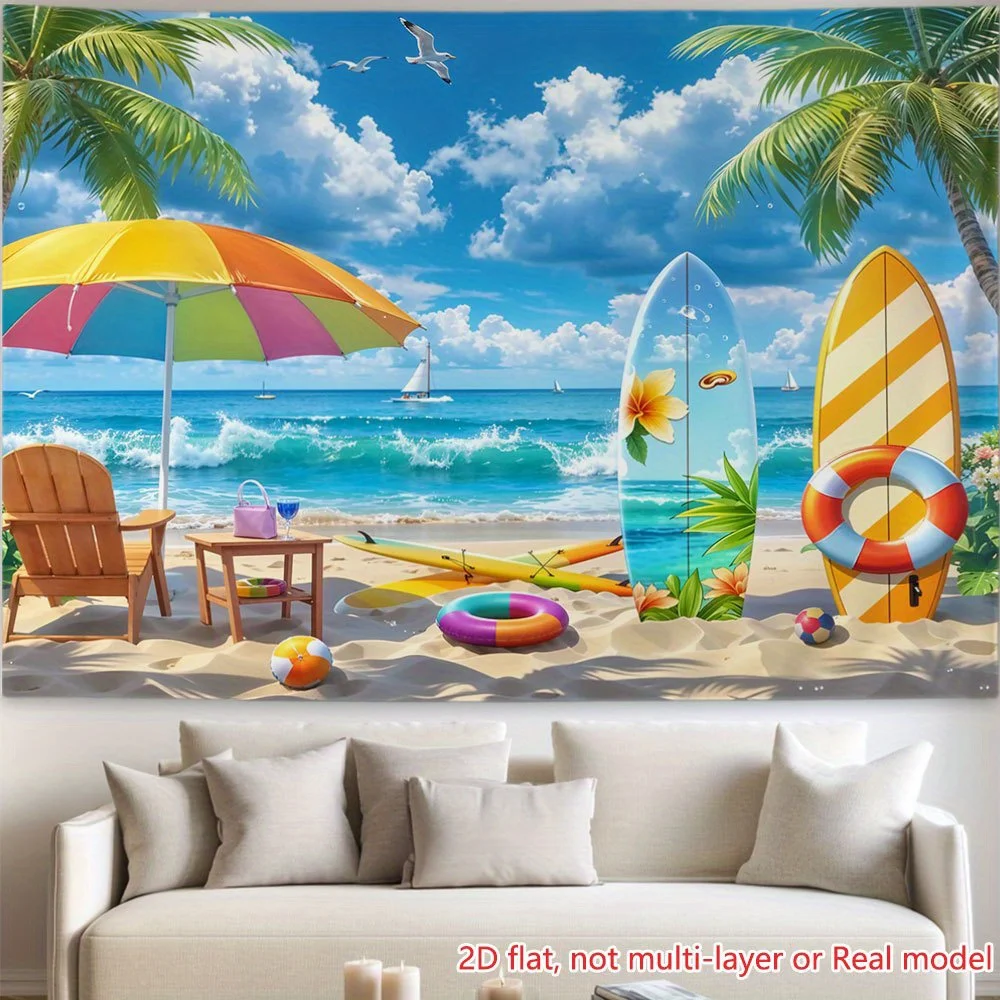 Summer Beach Tapestry - Tropical Surfboard & Umbrella Scene, Ocean View Wall Decor, Vacation Vibes Art, Polyester Multiple Sizes