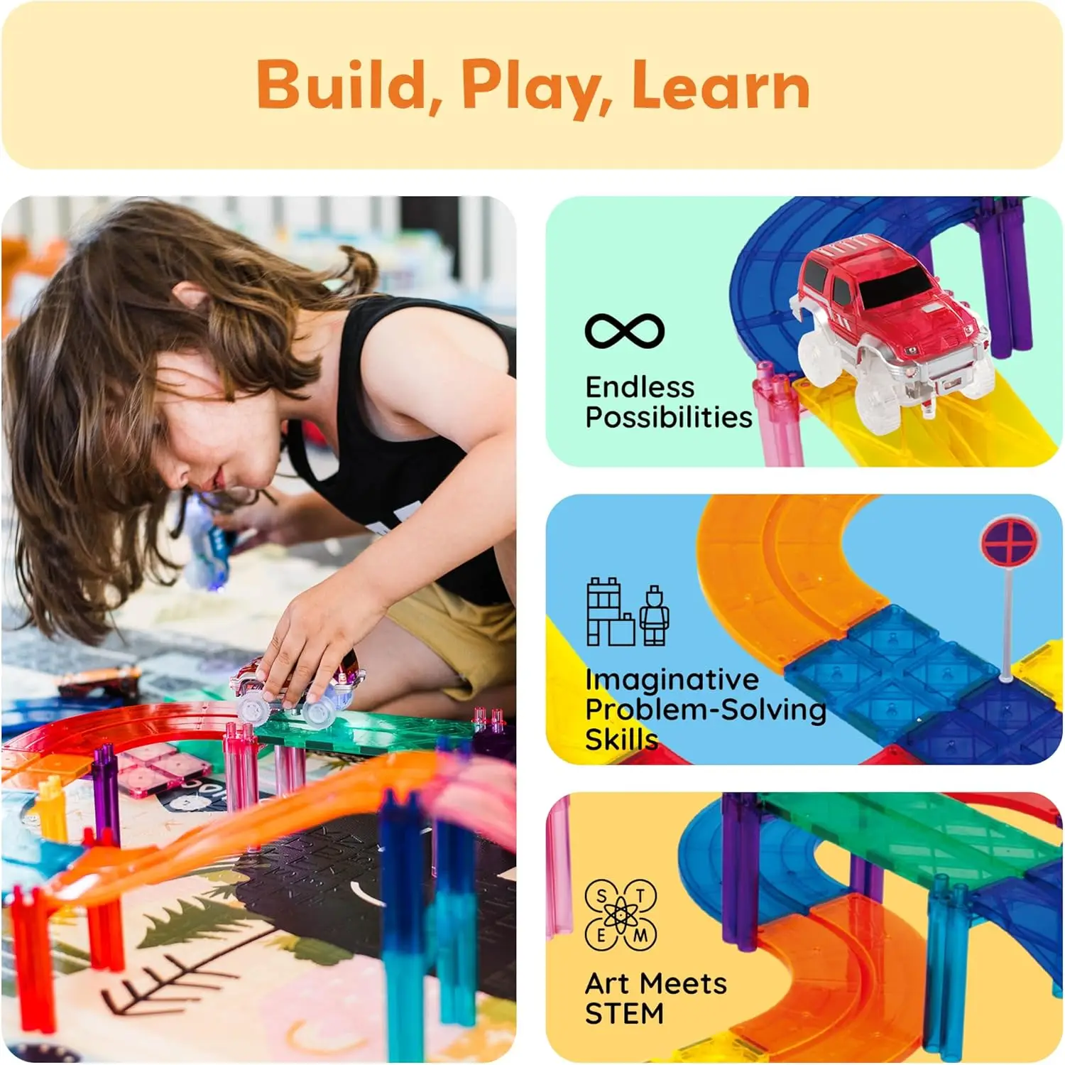 100pc Magnetic Tiles Race Track Building Set with LED Cars Adjustable Roads and Signs STEM Construction Toy Kit for Kids Educati