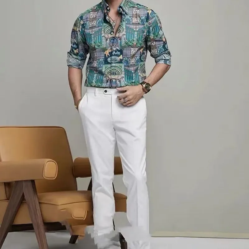 

Autumn Man Brand Quality Vintage Printed Social Shirts Luxury Men's White Slim Fit Long Sleeve Dress Shirt Fashion Chemise Homme