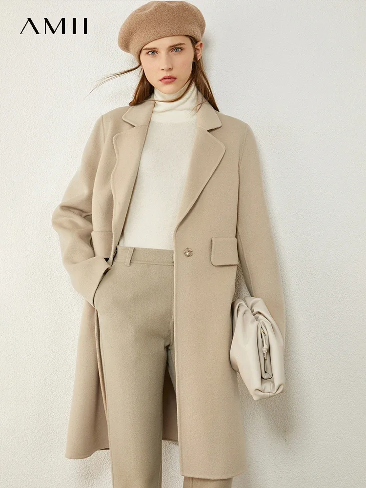 Amii 미니멀리즘 겨울 코트 여성 패션 양면 울 코트 100% 울 솔리드 라펠 재킷 여성용 겨울 코트 12020349