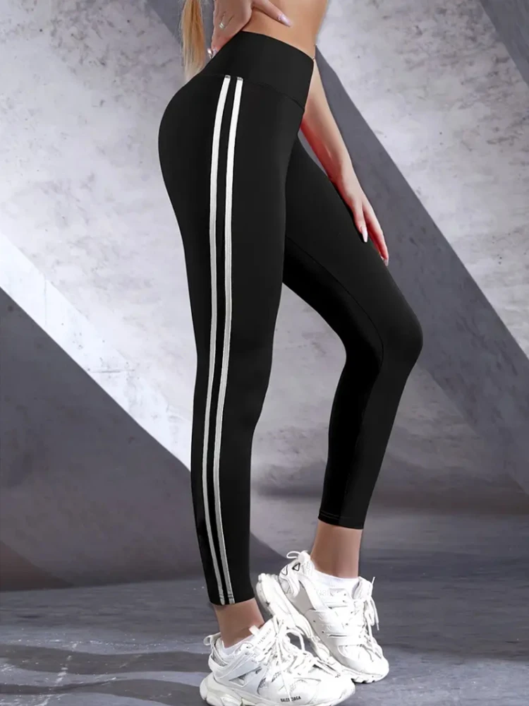 Women\'s High-Waisted Slim Fit Athletic Leggings with Side Stripes, Casual Sports Pants for Everyday Fitness, Crop Running Tights