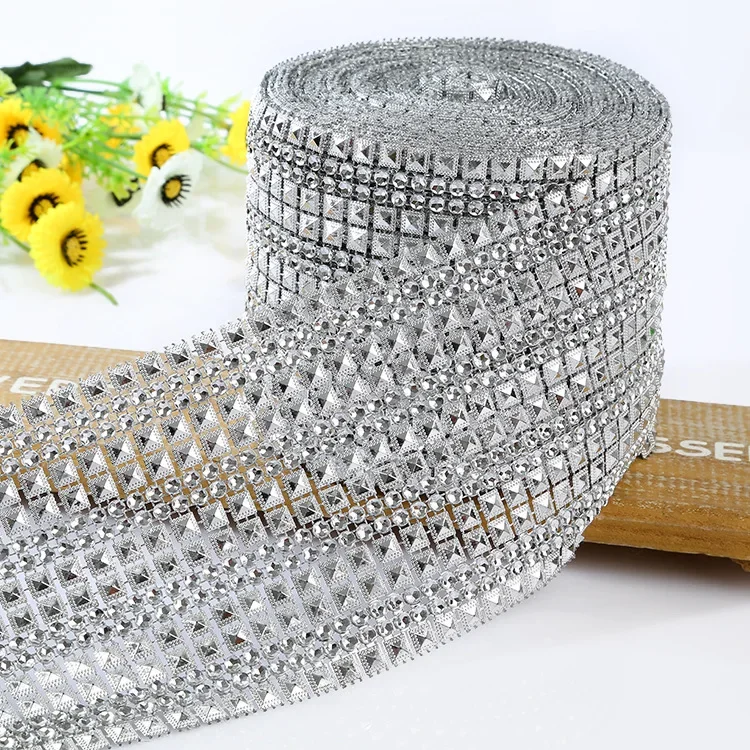 1 Yard 8 Rows White Pyramid Sparkle Rhinestone Crystal Diamond Mesh Wrap Roll Ribbon