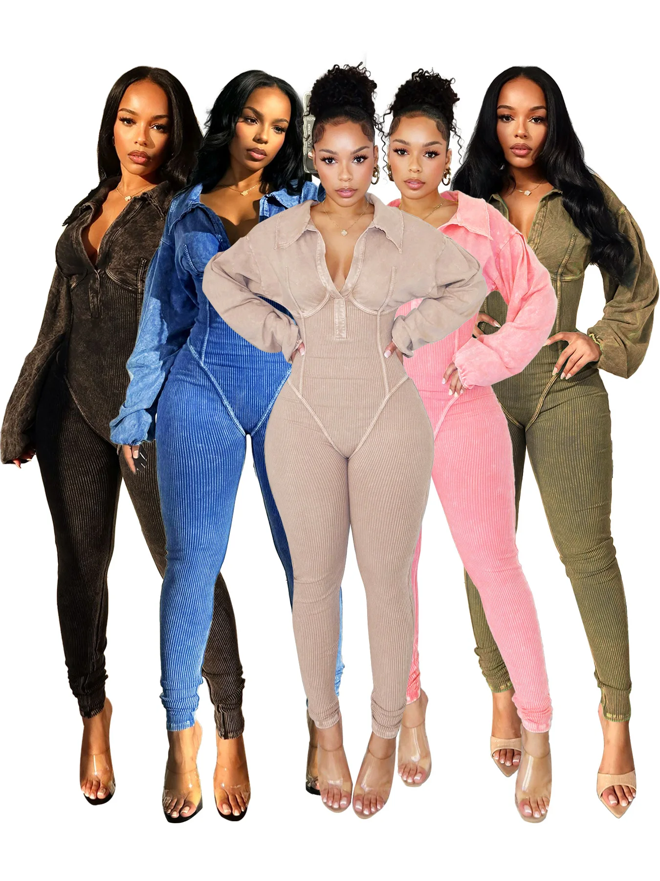 

2025 Autumn Winter Fashion V Neck Jumpsuiits for Woman Slim Long Sleeves Stretchy Club Rompers Casual Bodysuit