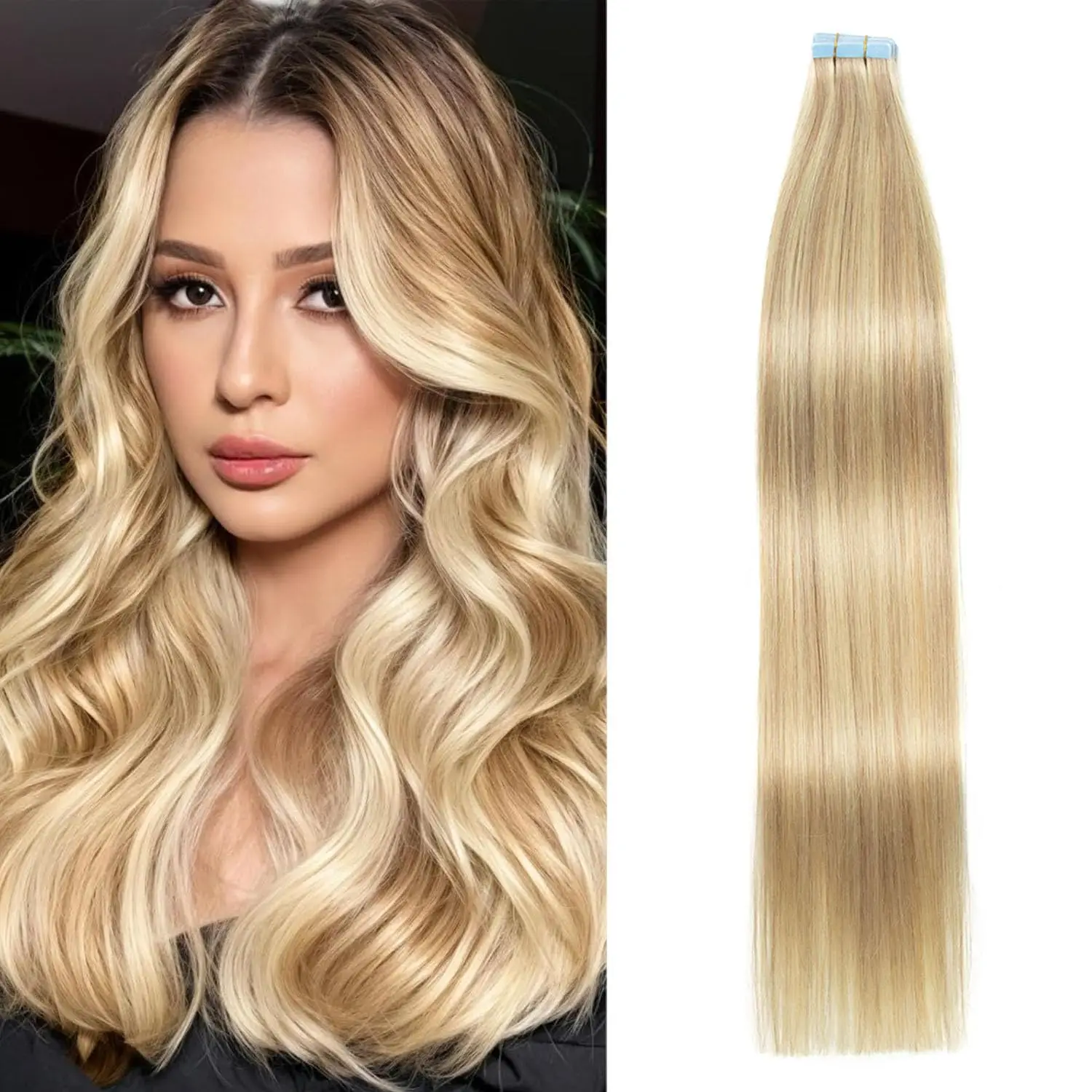 

Alimice Tape in Hair Extensions Human Hair Ash Blonde Highlighted Bleach 20pcs Straight Seamless Skin Weft