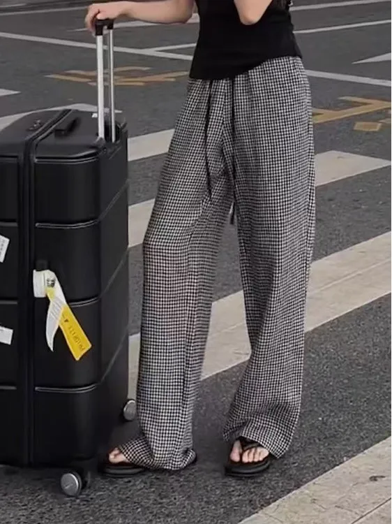 Comfortable Linen Straight Leg Pants with Dstring Design Bla And White Cheered Loose Fitting Floor Length Lazy Sle