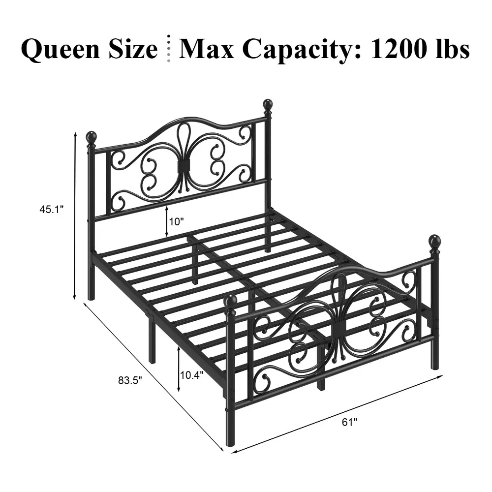 Queen Bed Frame with Butterfly Pattern Design Headboard & Footboard, Black
