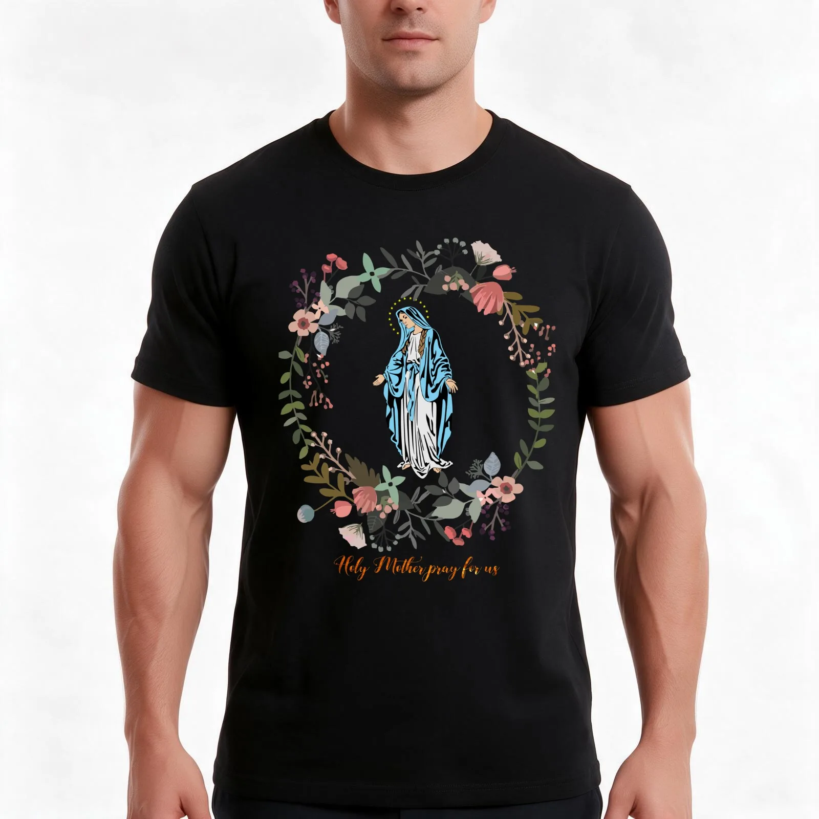 Holy Mary Pray for us Virgin Mary Wall Art Blessed Mother of God Catholic Gift T-Shirt, Summer Casual Cotton Tee, 100% Cotton