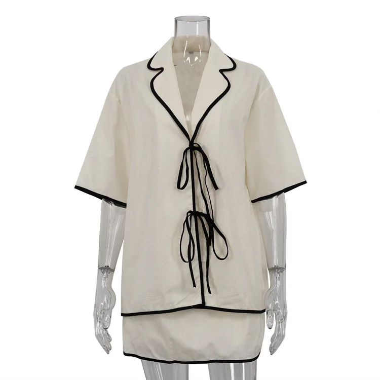 

Новинка 2025 года, повседневная сумка контрастного цвета, комплект с юбкой на бедрах, женский кардиган на шнуровке с рукавами пять четвертей и лацканами, комплект из двух предметов