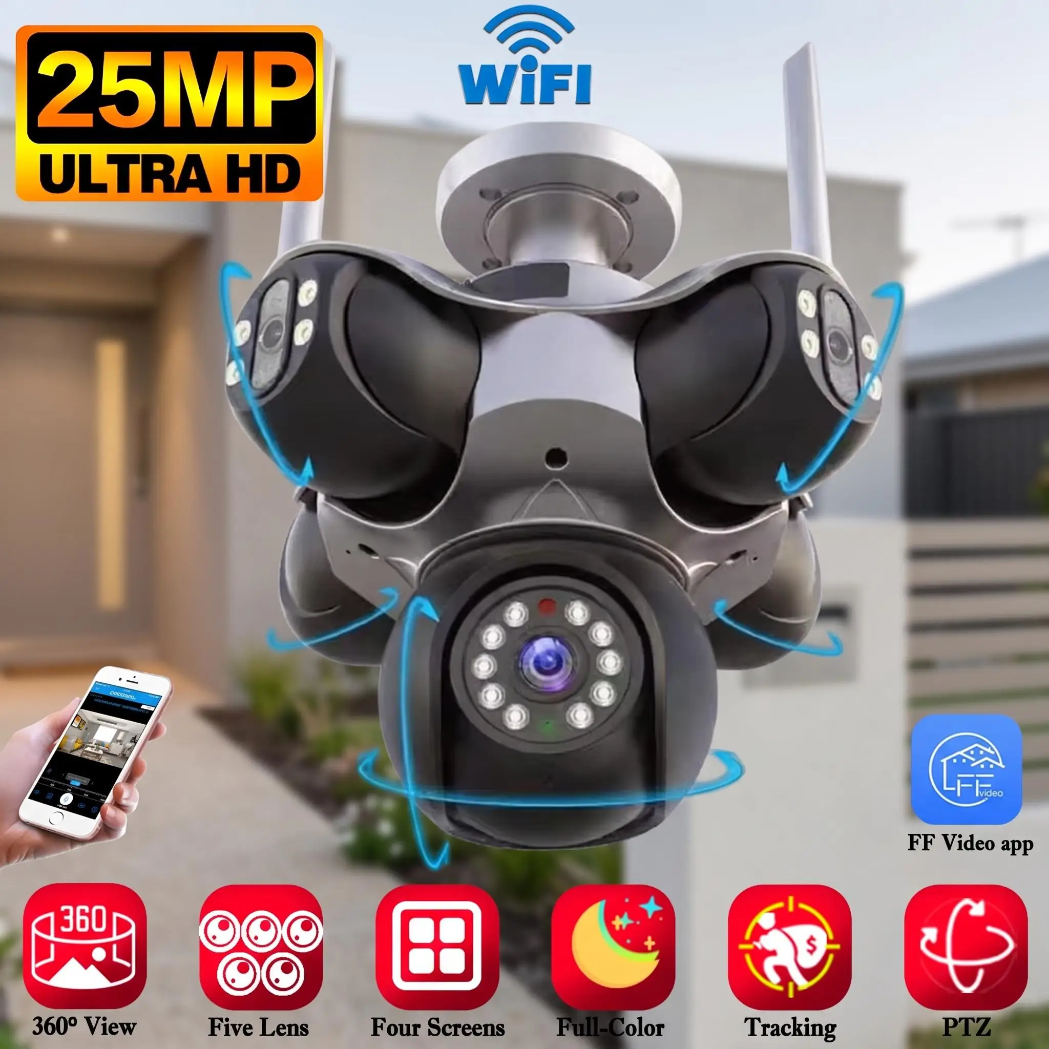 New 25MP 5-Screen WiFi PTZ Camera with 720° View Five Lenses  Waterproof Design, and Advanced Security Video Surveillance