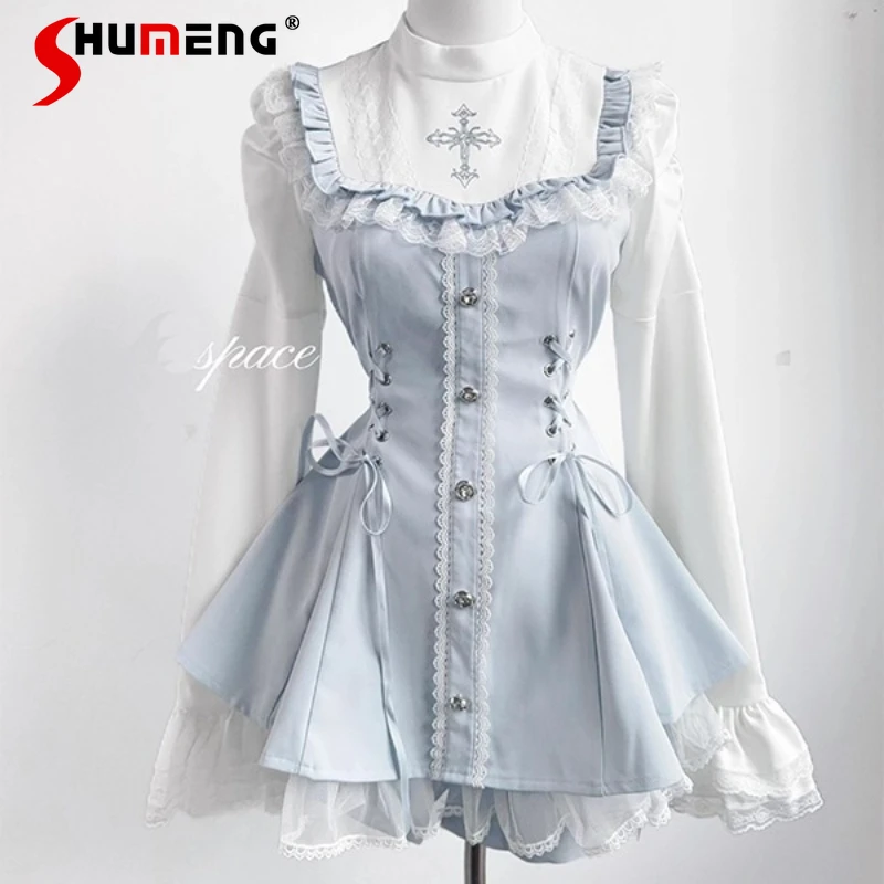 

Japanese Gothic Style Mass-Produced Lace Bell Sleeves Bibs Dress Shorts Set Slimming Long Sleeves Top And Short Pants Suit Women