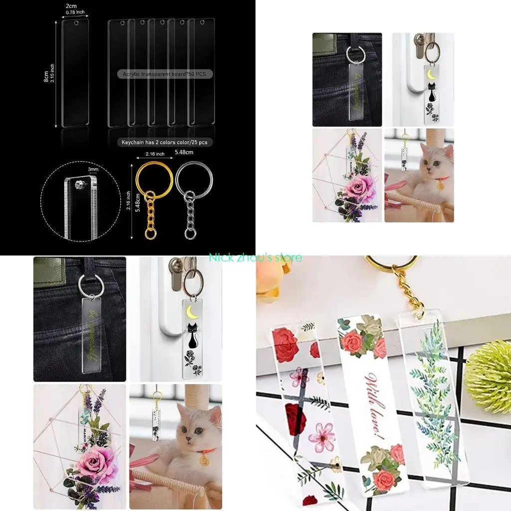

E15E 50Pcs Acrylic Keychain Blank with Ring Clear for Key Chain Rectangle Acrylic Bla