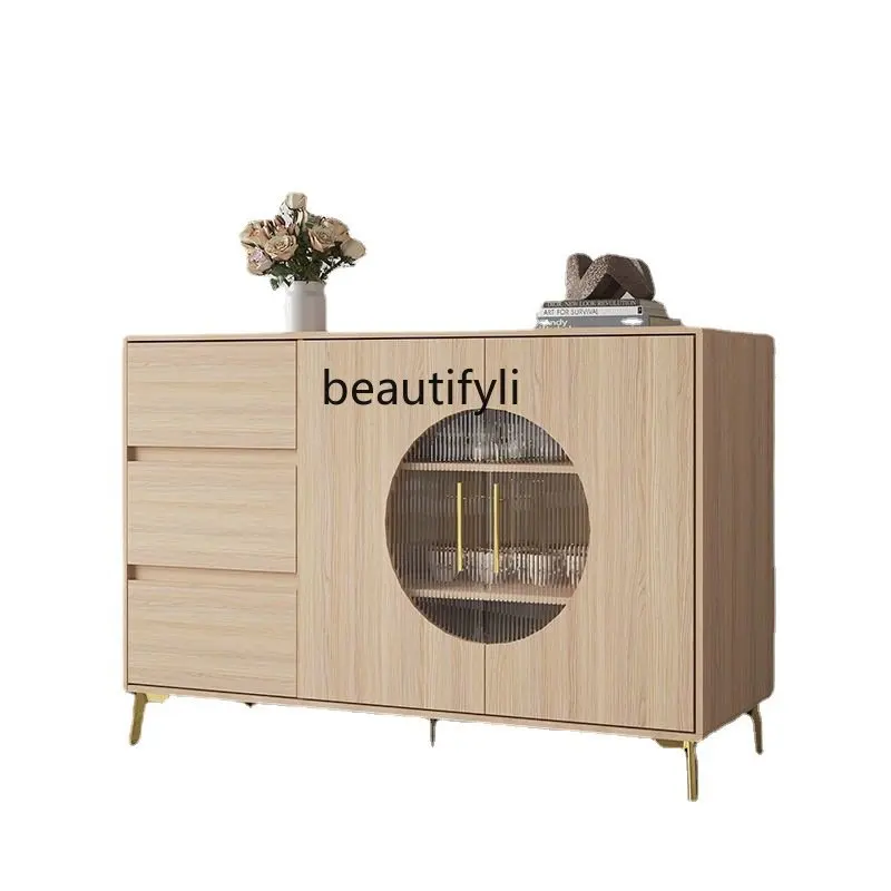 

yj Solid Wood Sideboard Cabinet Log Style Large Capacity Locker Modern Minimalist Glass Door E0 Grade Nordic