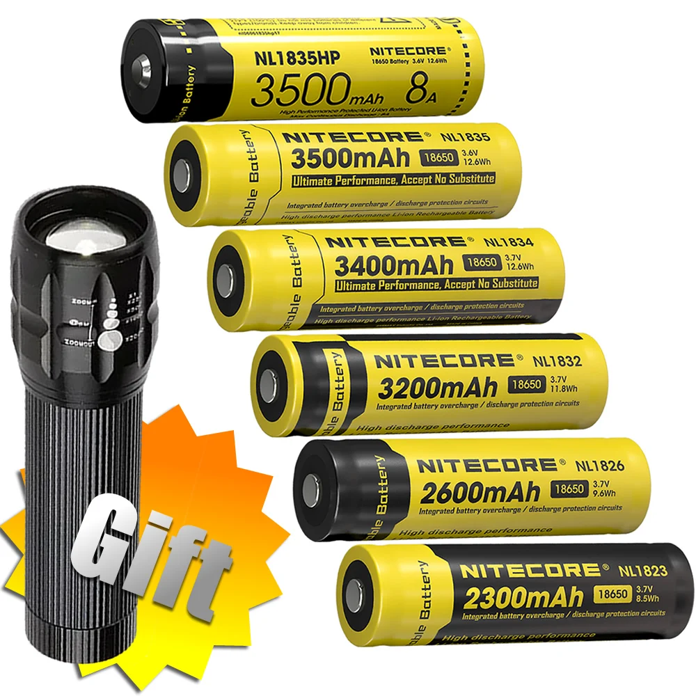 2024 Nitecore 고성능 18650, 드레인 장치용 리튬 이온 단추 탑 배터리, 3600mAh, 3.6V, 12.96Wh, 8A 보호, NL1836HP