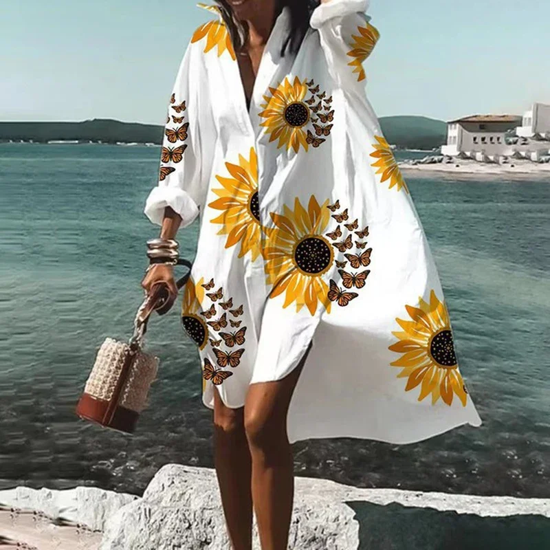 Autumn Summer Fashion Women\'s New Shirts Dress Casual Printed Lapel Long Sleeve Buttons Irregular Dress Beach Sexy Party Dresses