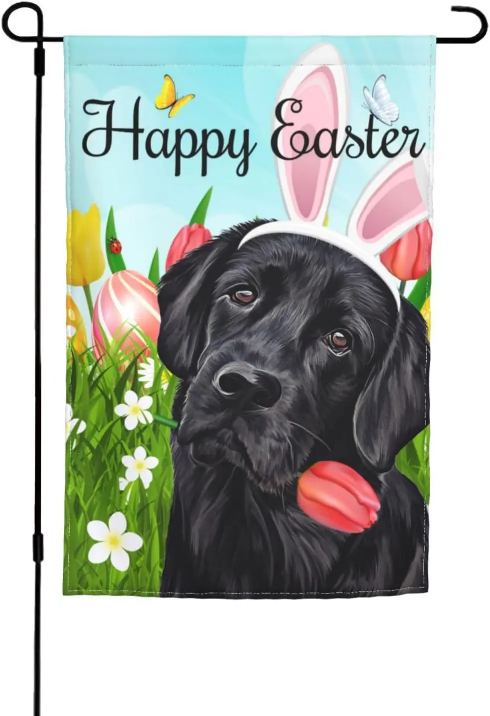 Happy Easter Cute Black Labrador Dog Gift Lab Retriever Eggs Tulip Garden Flag 12x18 Inch Double Sided Vertical Decoration Yard