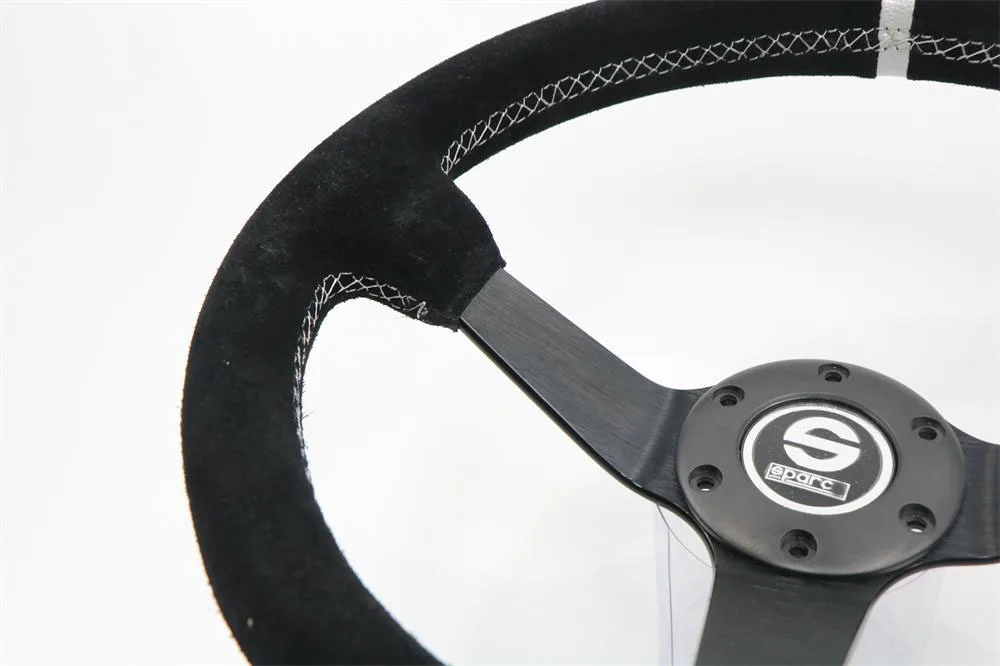 14 inch Suede Steering Wheel,Universal Deep Concave Racing Sports Steering Wheel with White Line