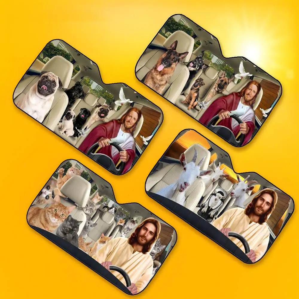 

DRIVING JESUS AND CAT Car SunShade Windshield Foldable Three-layer Insulation Sunshade By Suction Cup Blocks UV Rays Sun