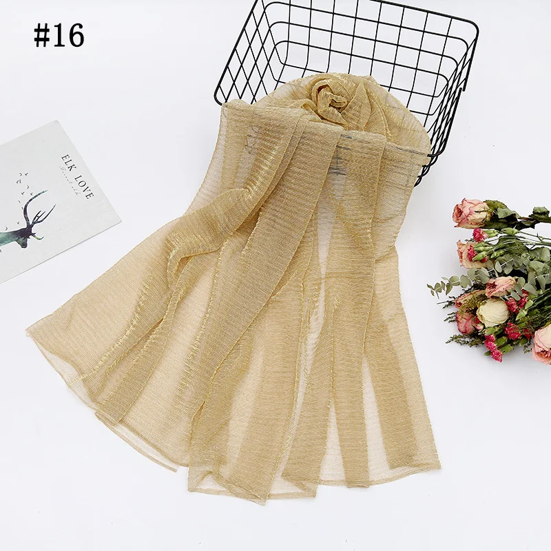 16Color New Ramadan Women's Breathable Wrinkled Gold Silk Solid Color Chiffon Scarf Muslim Hijabs Soft Shawl