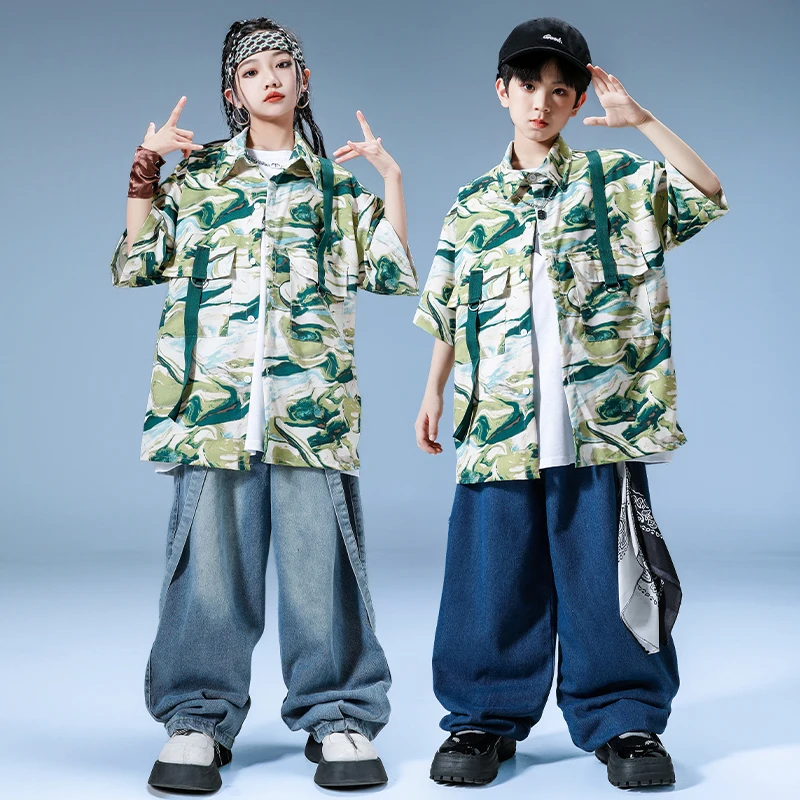 

Boys Hip Hop Clothing Print Shirt Loose Cargo Pants Girls Street Dance Blouse Child Streetwear Kids Jazz Costume Clothes Set