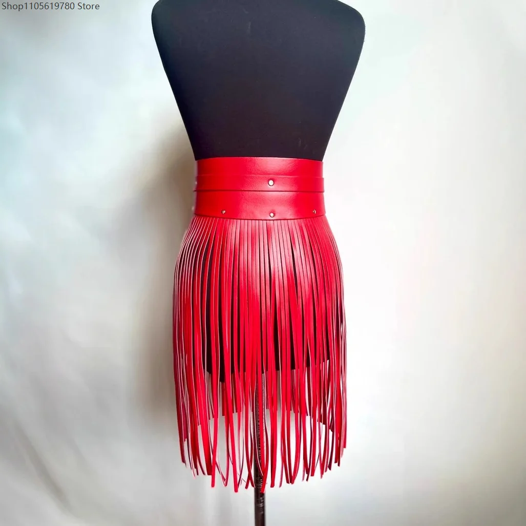 Faux Leather Long Tassel Fringe Waist Skirt Wide Rivet Waistband Decorative Costume Belt Cosplay Performance Outfit Accessory