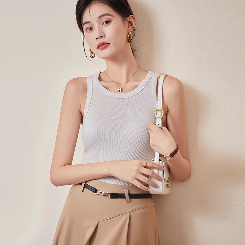 Lopnt Seamless High Elastic Tank Top Solid Color Ribbed Knitted Vest Women O Neck Sleeveless Top Female Slim Warm Undershirt