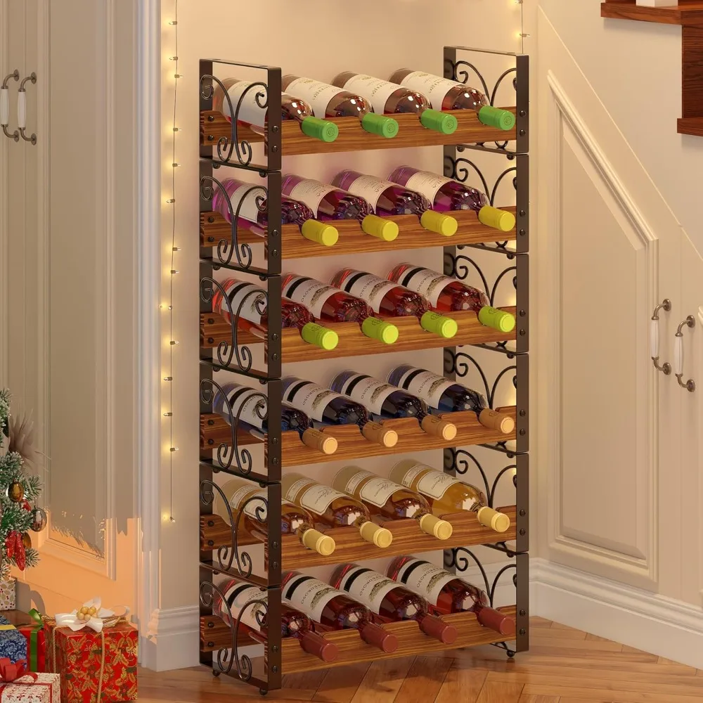 

Freestanding 6-Tier Wooden and Metal Wine Rack for 24 Bottles, Stackable Storage for Cabinets