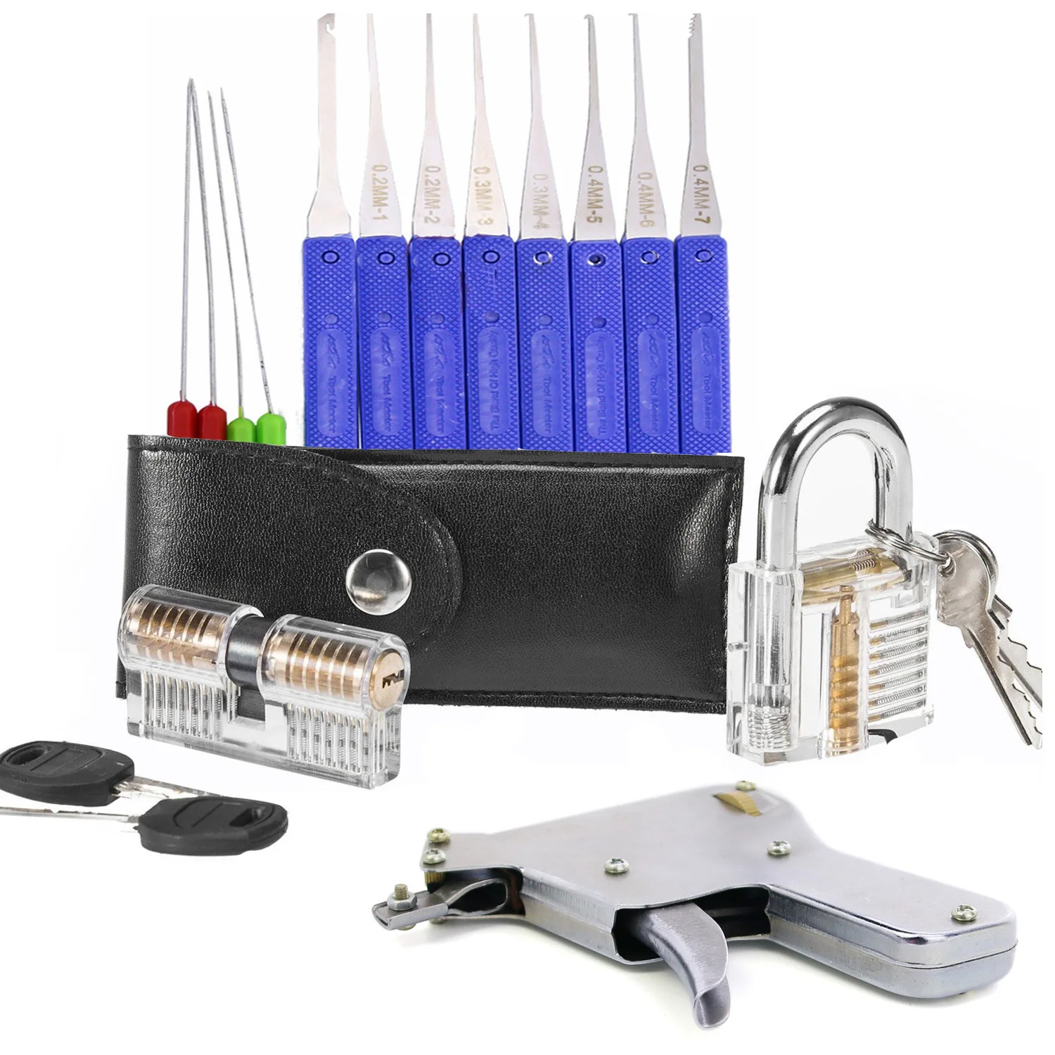 5 In 1 Lock Practice Set Pick Broken Key Remove Set with 2pcs Crystal Lock,Lock Gun,15pcs Bag Lock Tool