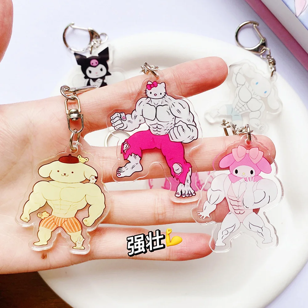 Sanrio Keychain Cartoon Muscle funny Kuromi Cinnamoroll Keychains Acrylic Hello Kitty Backpack Pendant Car Keyring Kid Toy GIift