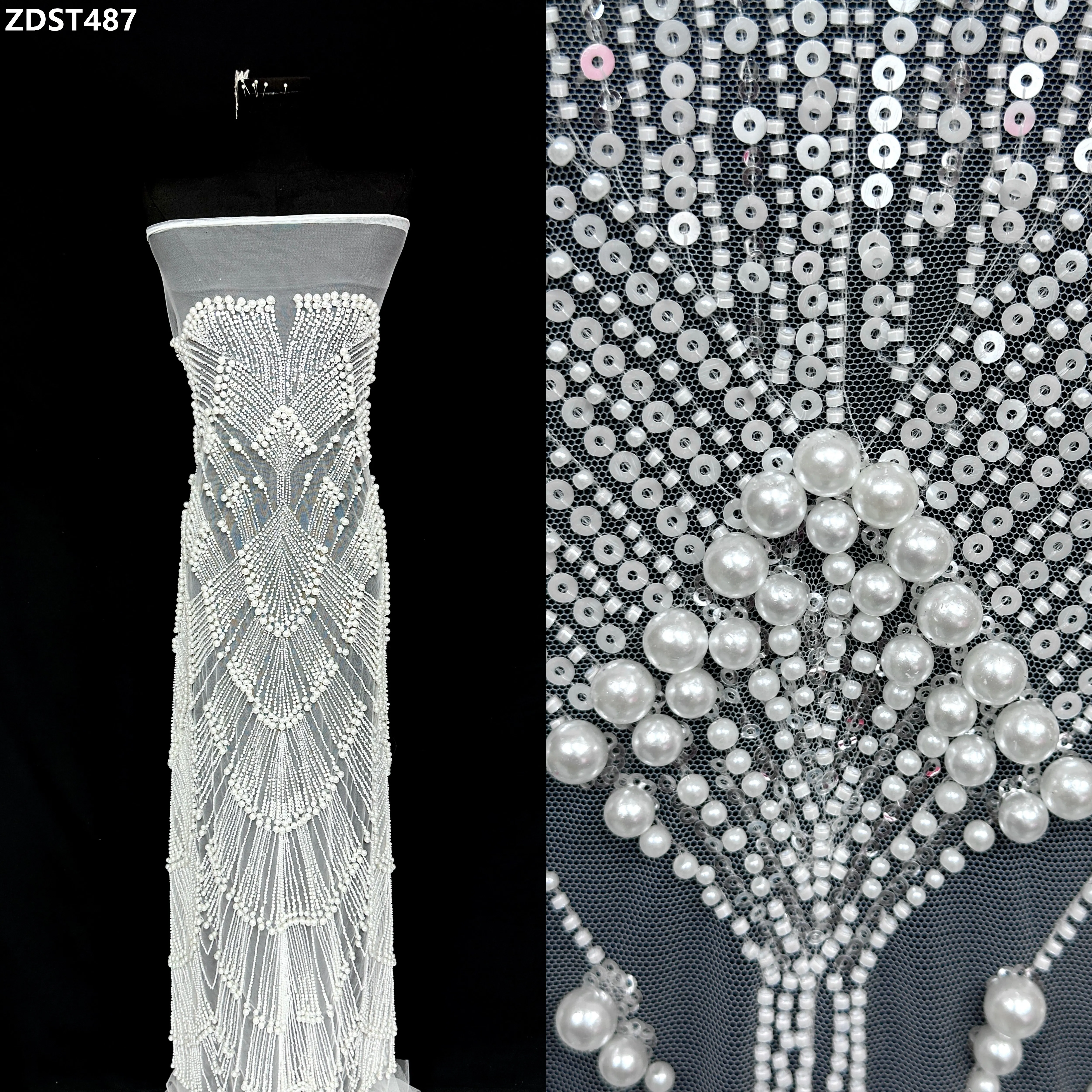 

White Color Bridal African Sequins Lace Fabric Heavy Handmade Beaded Nigerian French Tulle Lace Material For Wedding Dress