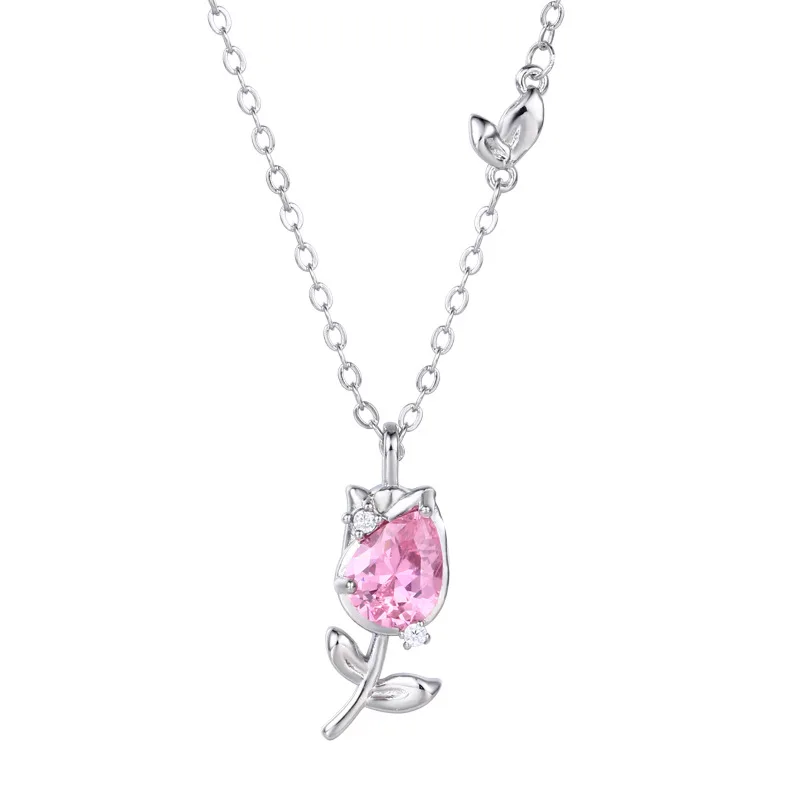 Luxurious Sparking Crystal Rose Pendant Real 925 Sterling Silver  Necklace For Women Girls Wedding Love Design Accessories