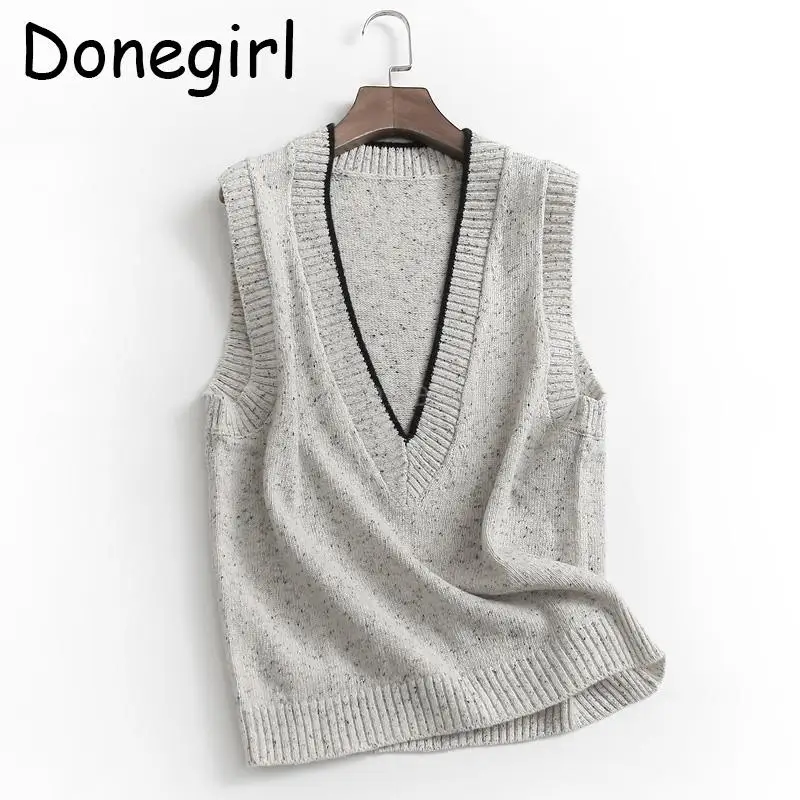 Donegirl Autumn Winter New 2024 Women Fashion Contrasting Colors V-neck Knitted Vest Commute Versatile Sweater Tank Tops Chic