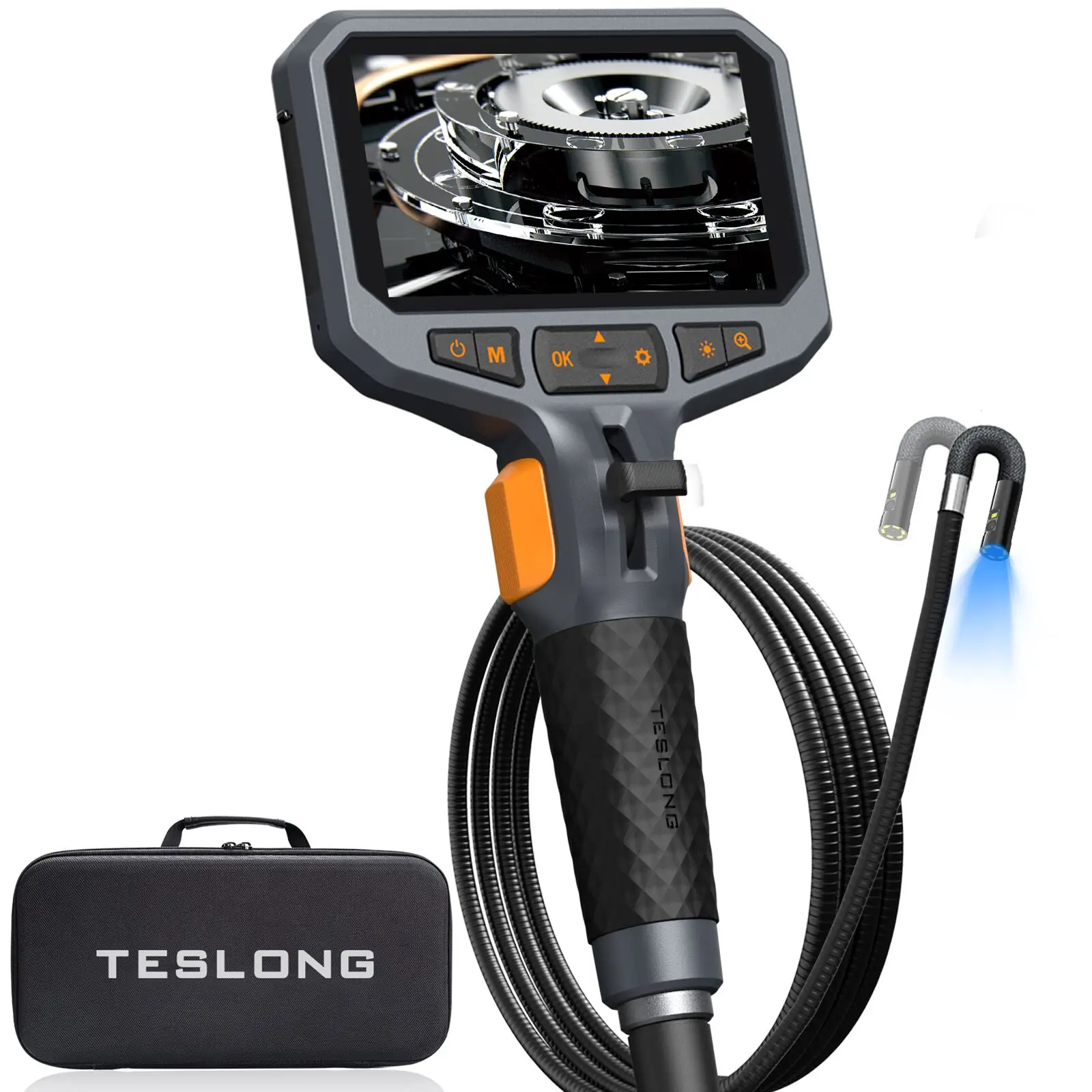 TESLONG TD450S 8.5MM Dual Lens Articulating Borescope 1080P 5 Inch IPS Two Way 360° Steering Endoscope Camera 1.55m Snake Tube