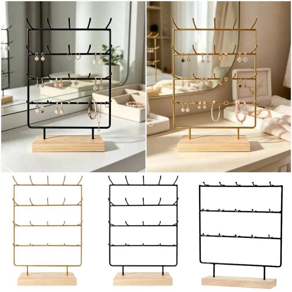 3/4 Tiers Earrings Display Stand Gold Black 15/20 Hooks Bracelet Organizer Wood Base Space Saving Jewelry Storage Rack