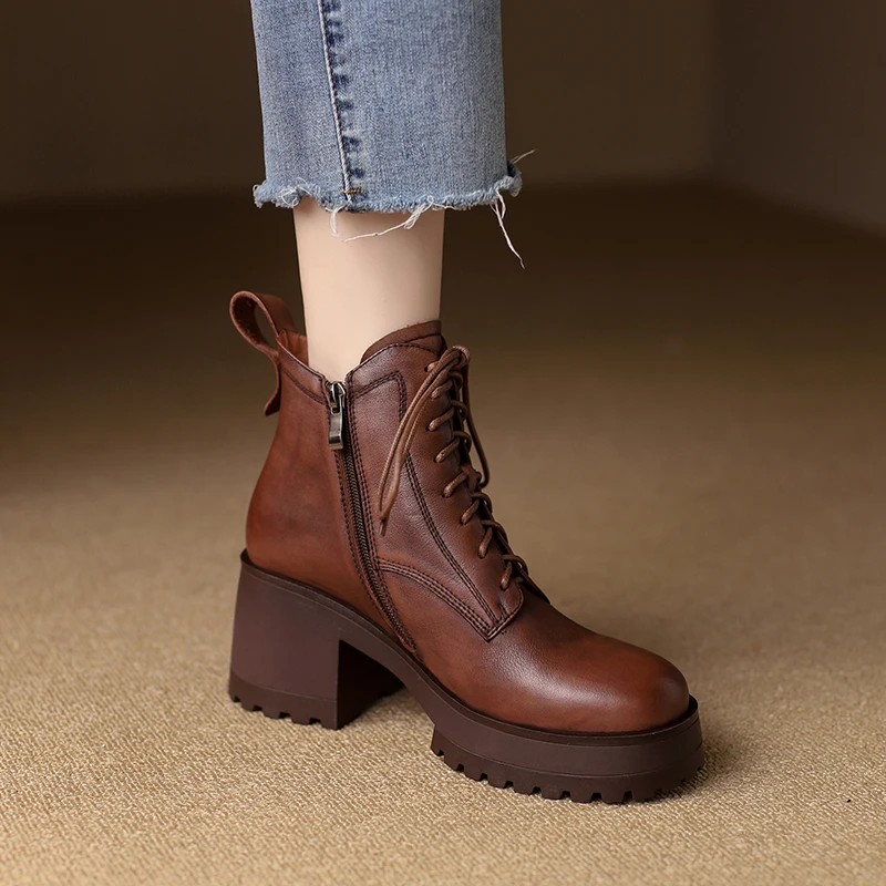 2024 Autumn/Winter Women Boots Women Shoes Round Toe Thick Heel Women Modern Boots Heels Platform Boots Genuine Leather Retro