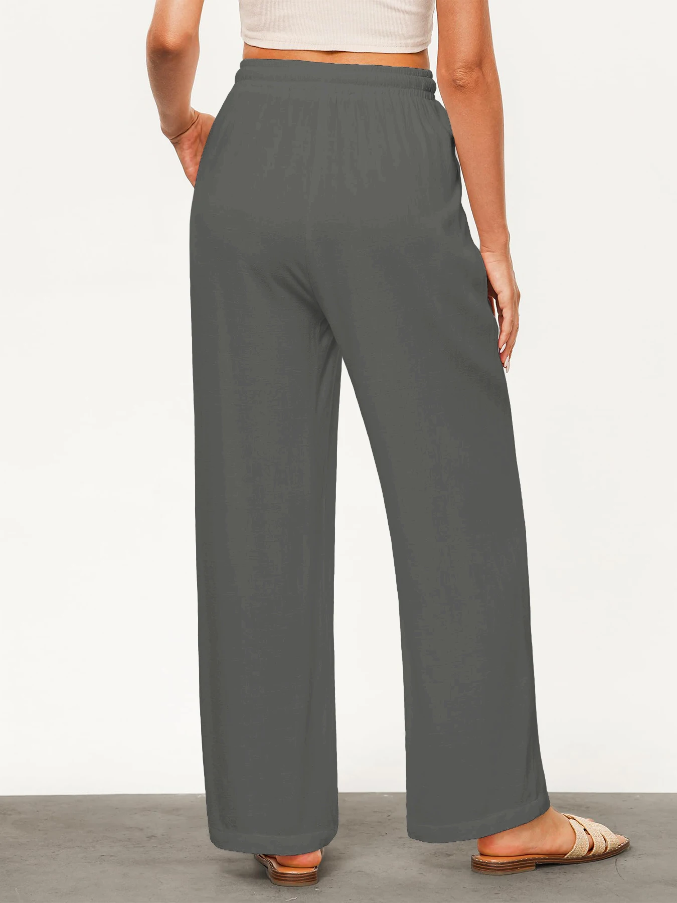 Einfarbige, lockere, weit geschnittene Hose für Damen, lässige, gerade Hose mit Kordelzug, lässige Hose mit Taschen, lockere Hose mit hoher Taille – Detail 19