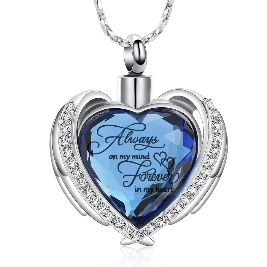 Always In My Mind Angel Wing Hug Crystal Heart Shape Necklace Cremation Pendant Memorial Ash Holder Urn Funeral Keepsake Jewelry