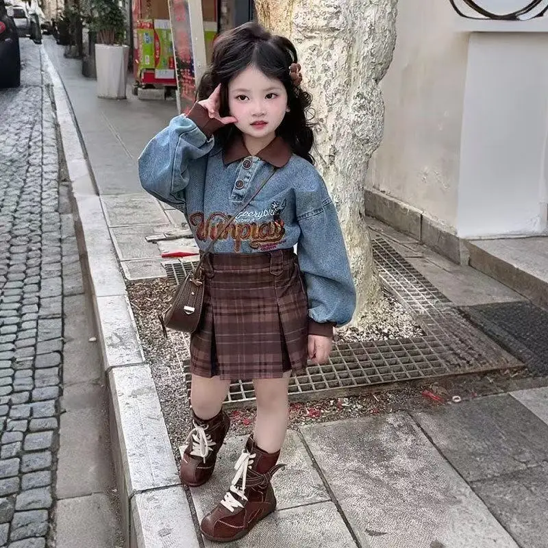 Girl's Retro Cowboy Two Piece Set 2026 Spring New Girl Cowboy Top Checkered Short Skirt Sweet Set