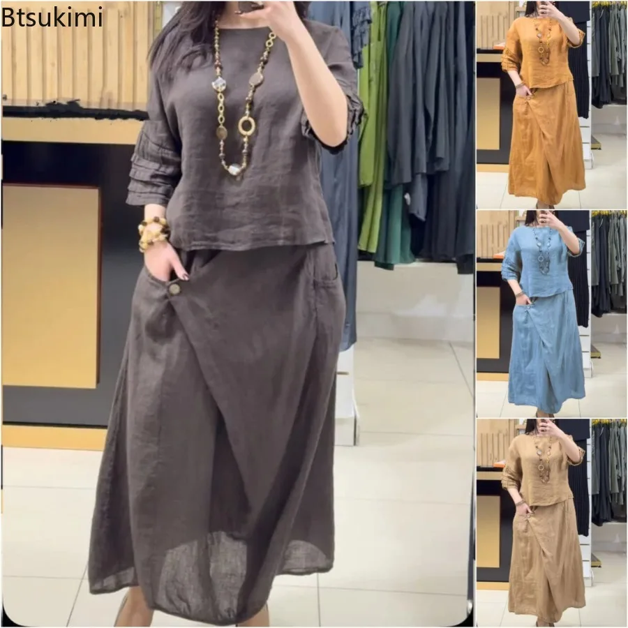 

New 2025 Women's Casual Two Piece Skirt Sets Loose Solid Tops Pullover Shirt Suits Pockets Chic Skirts High Waist Summer Outfits