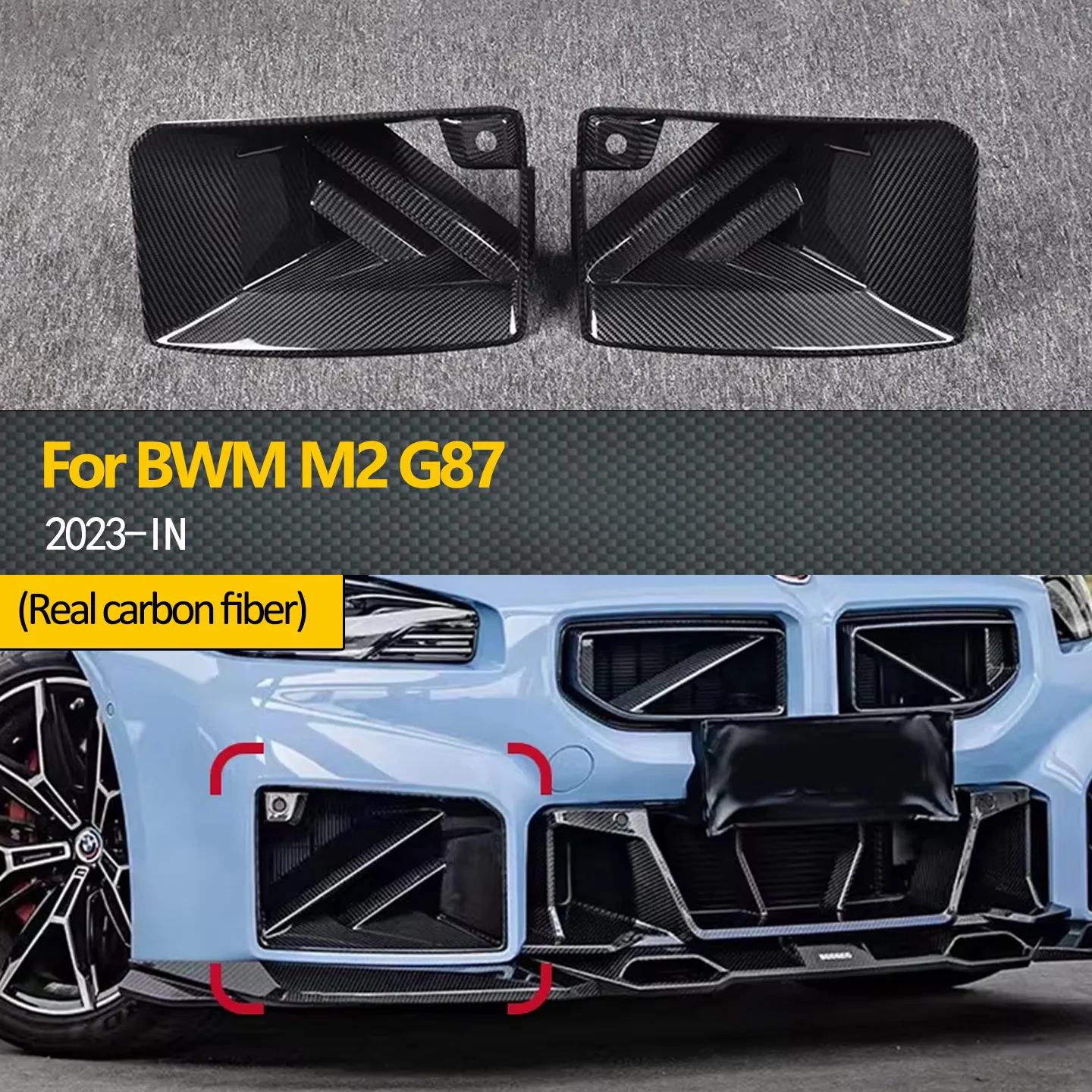 

For BMW M2 G87 2023+ Day carbon fiber front bumper air vent cover decorative fog lamp grid grid square style car fog light vent