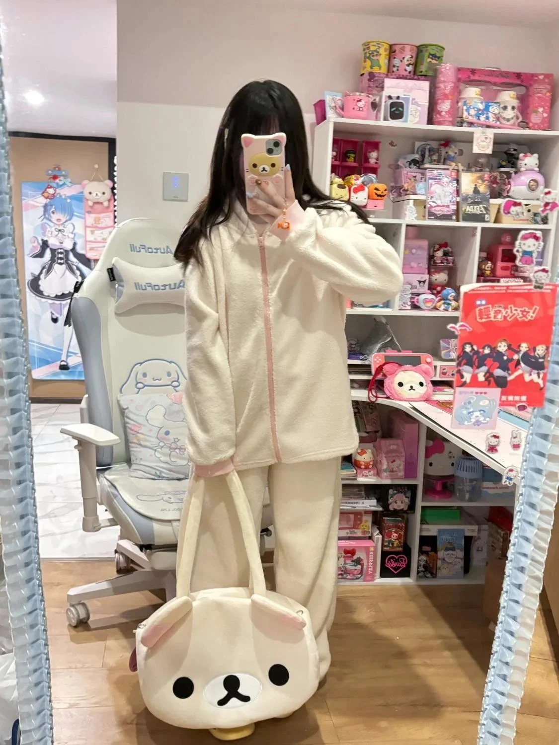 新しいリラックマコーラルフリースフード付きカーディガンパジャマ女性冬暖かい長ズボンラウンジウェアセット