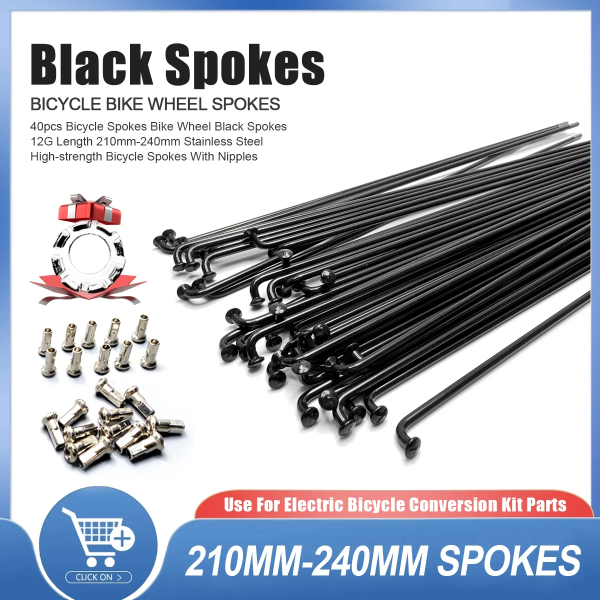 

Спицы и гайки для электрического велосипеда, черная сталь, диаметр 12 г, черный с сосками 210–240 мм для аксессуаров для велосипеда