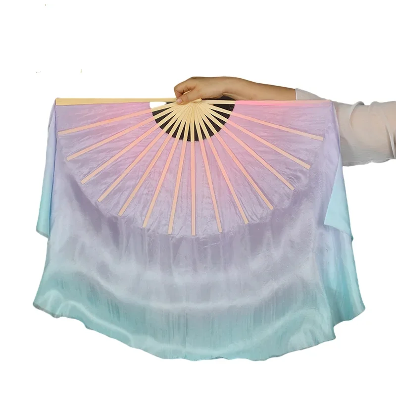 Belly Dance Fan Veil Real Silk Two Layers Bamboo Short Fan Magic Dream Color Light Weight Gradient for Chinese Folk Dance Yangko