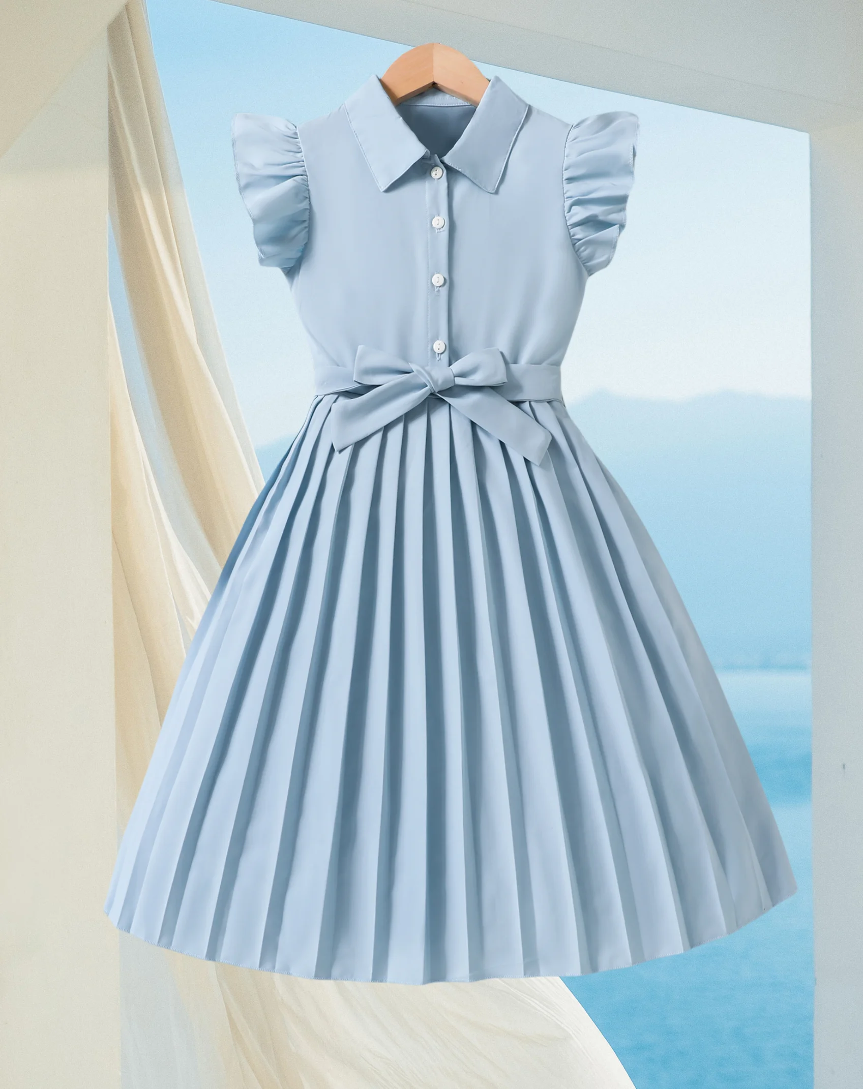 Summer girls gentle elegant lapel breasted French shirt style pleated skirt simple blue dress