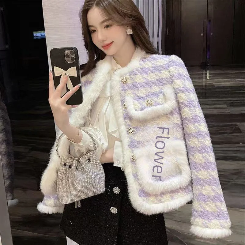 Women's Water Mink Tweed Style Jacket 2023 Autumn Winter Thousand Birds Purple Lanolin Socialite Thickened Padded Wool Coat