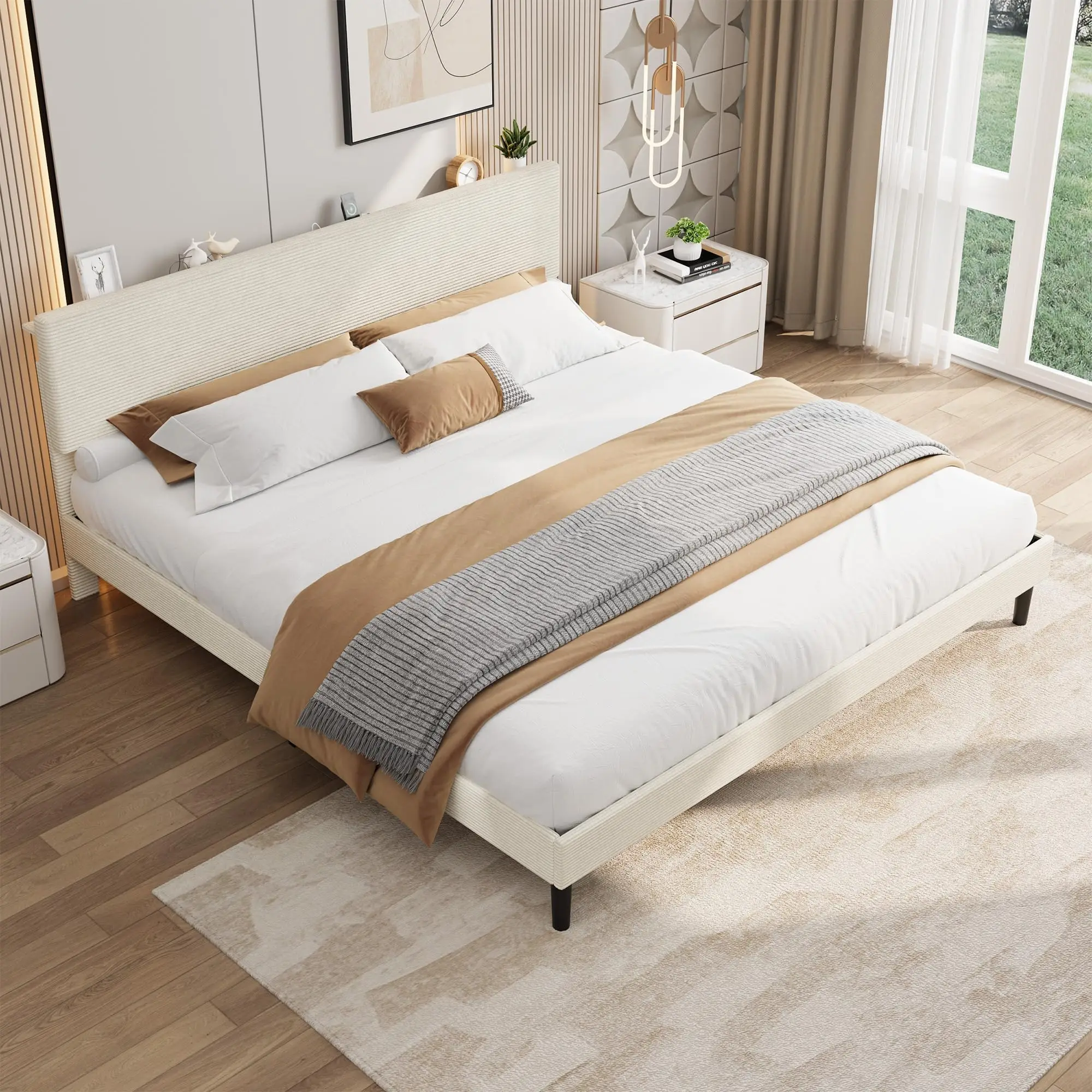 Upholstered Platform Bed Frame with Adjustable Corduroy Storage Headboard & Built-in USB Charging Station – Sturdy Wooden or Metal Slats – Easy Assembly – No Box Spring Needed – Fits Twin/Queen/King, Gray/Beige
