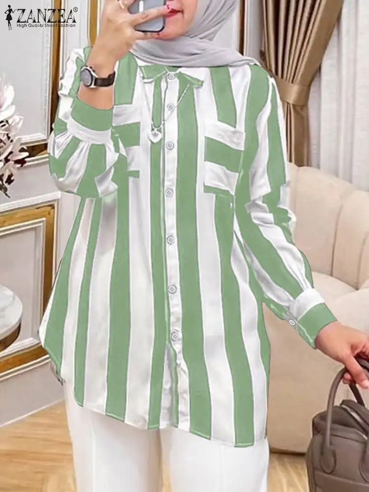 

ZANZEA Casual Loose Long Sleeve Blouses Autumn Muslim Fashion Striped Turn-Down Collar Shirts Women Elegant Button Up Chemise